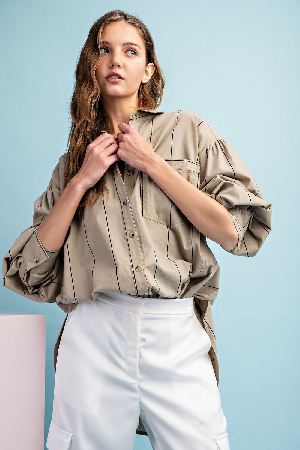 Striped Button up Collared Shirt in Coco/Black