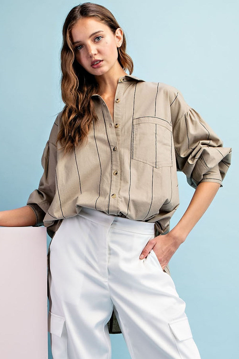 Striped Button up Collared Shirt in Coco/Black
