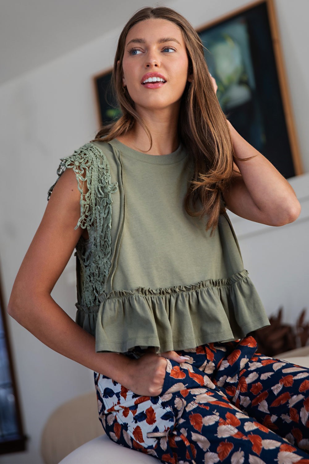 Lace Trim Ruffle Top in Dry Herb