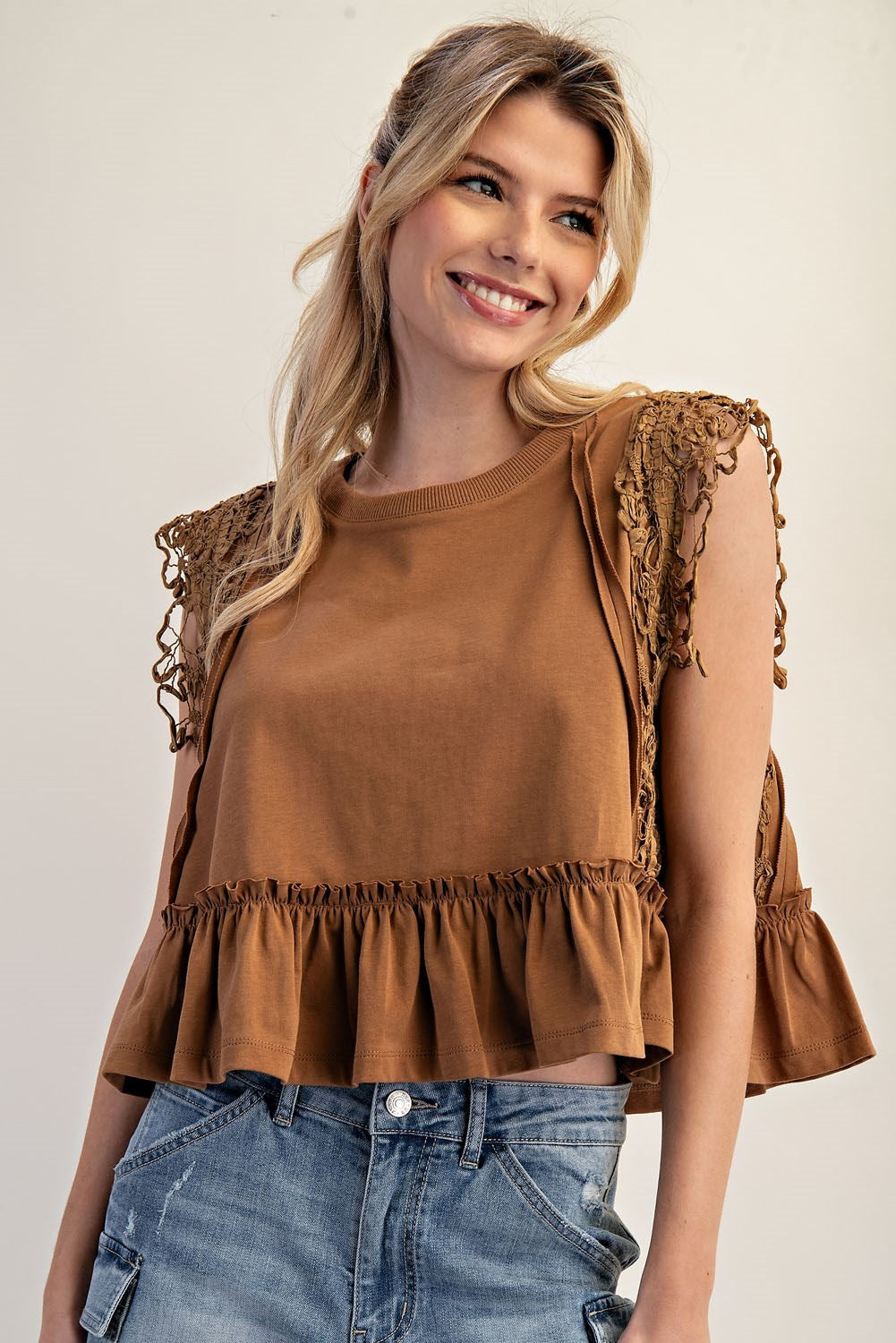 Lace Trim Ruffle Top in Cinnamon