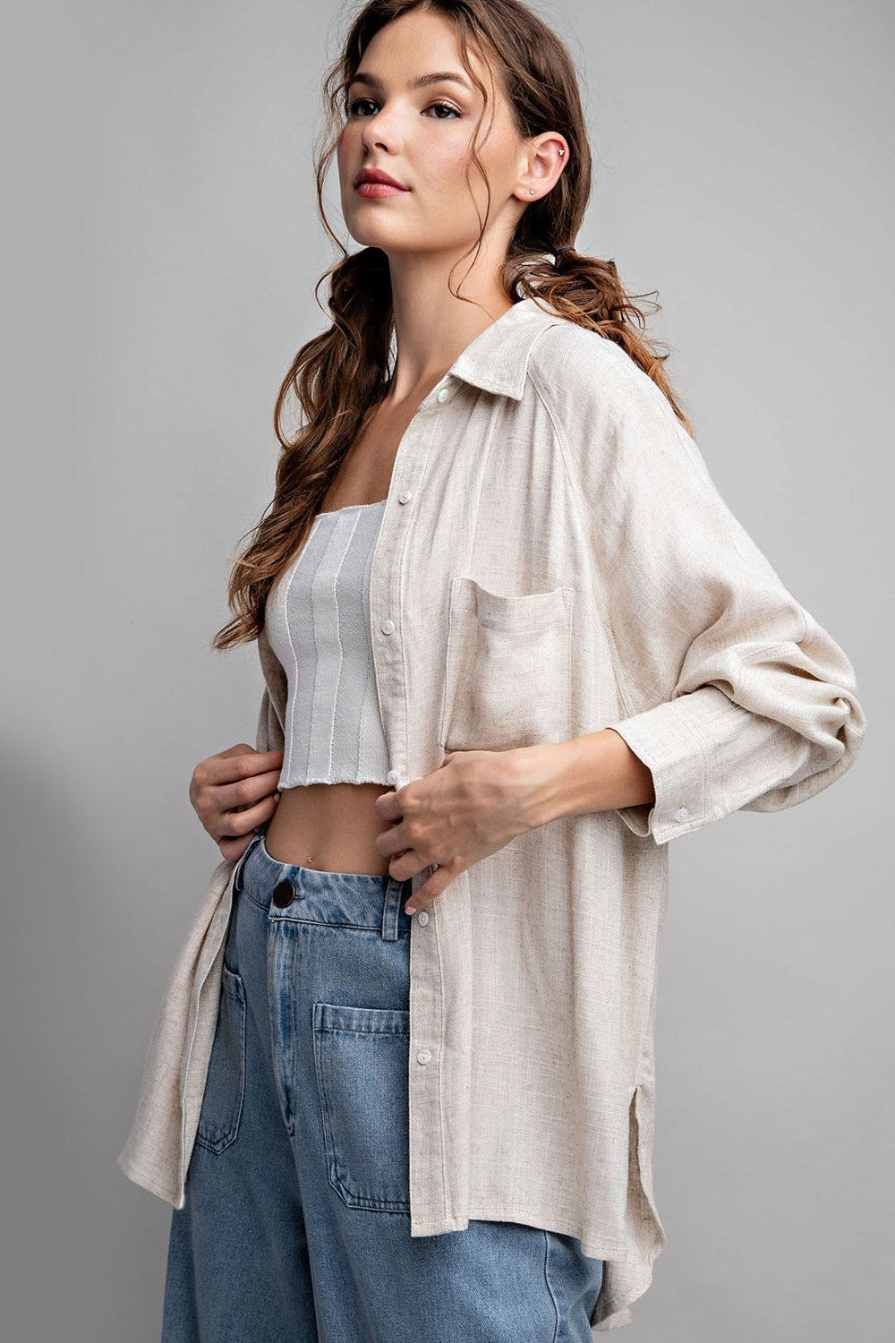 Linen Button Down Top in Cocoa