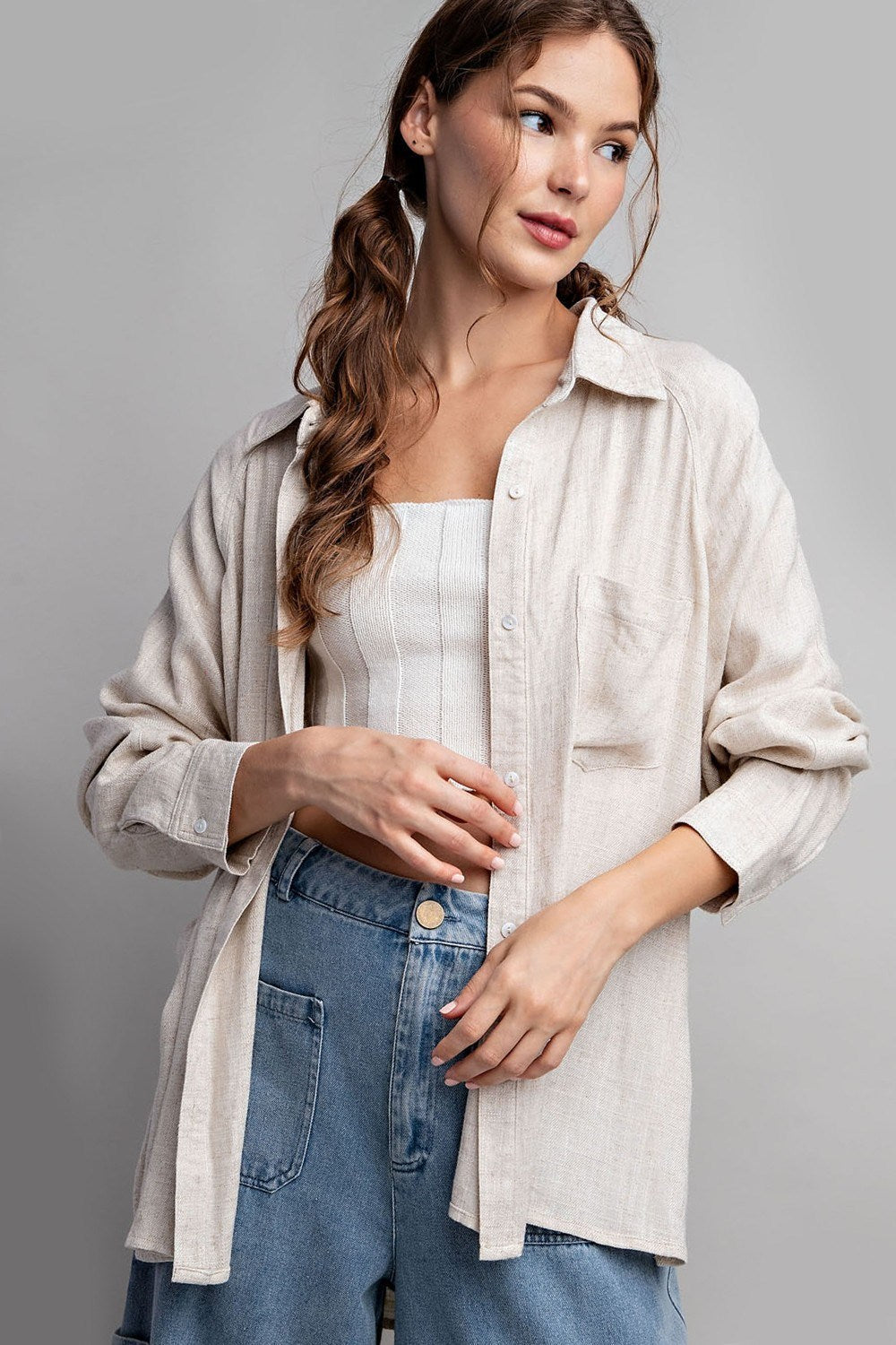Linen Button Down Top in Cocoa