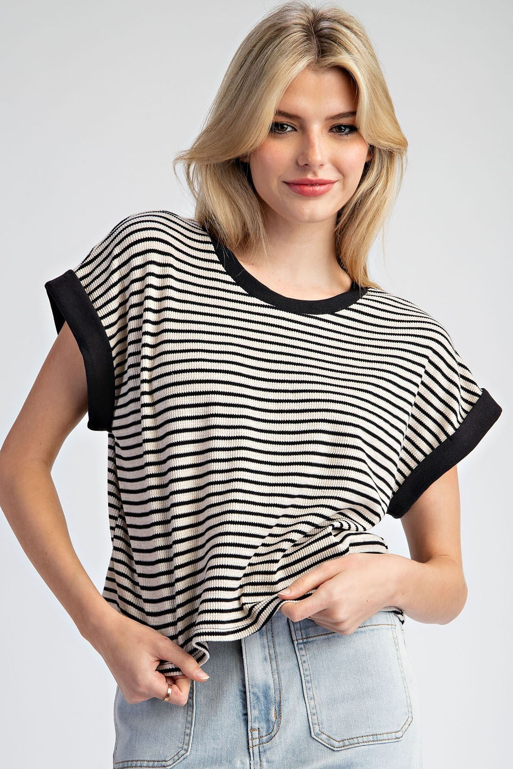 Stripe Short Sleeve Shirt in Black and Natural