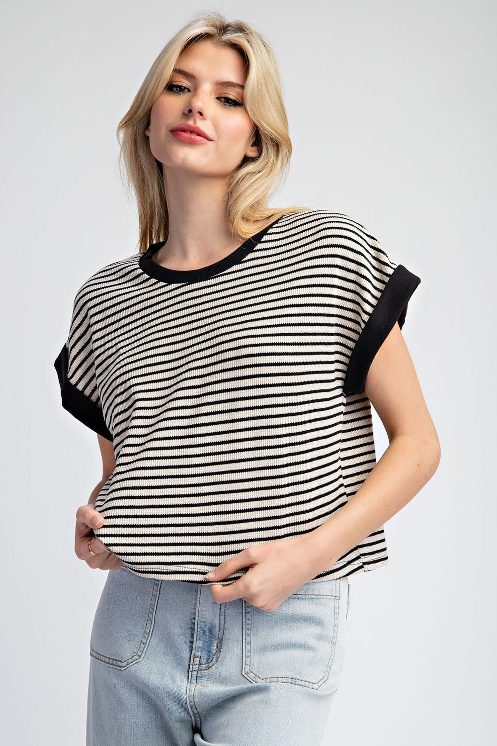 Stripe Short Sleeve Shirt in Black and Natural