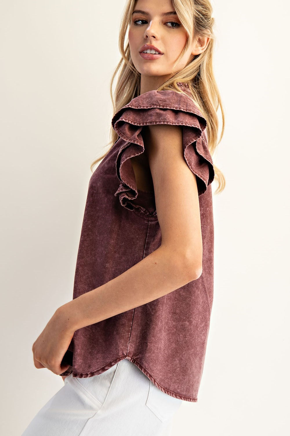 Ruffled Sleeve Denim Top in Wine
