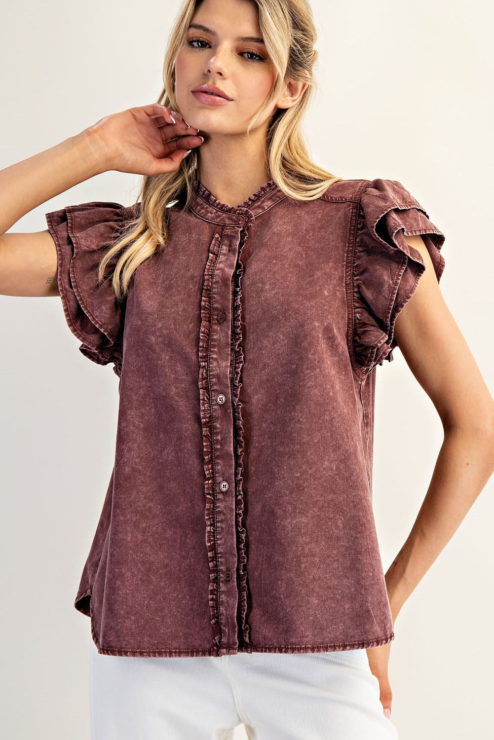 Ruffled Sleeve Denim Top in Wine