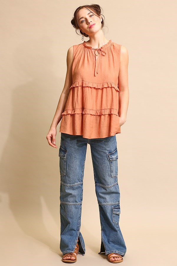 Crinkle Sleeveless top in Light Clay