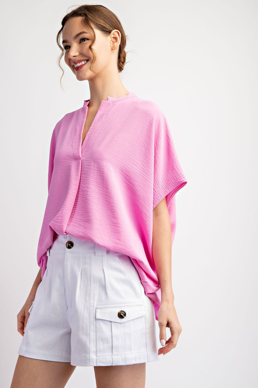 Short Sleeve Collar Detail Blouse in Pink