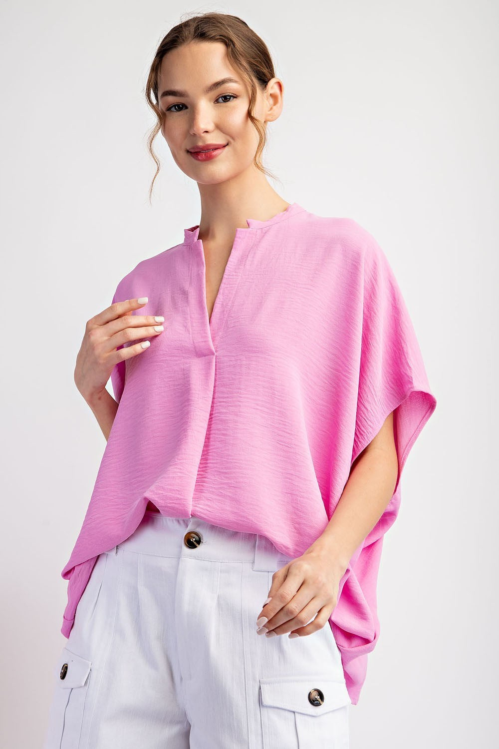 Short Sleeve Collar Detail Blouse in Pink