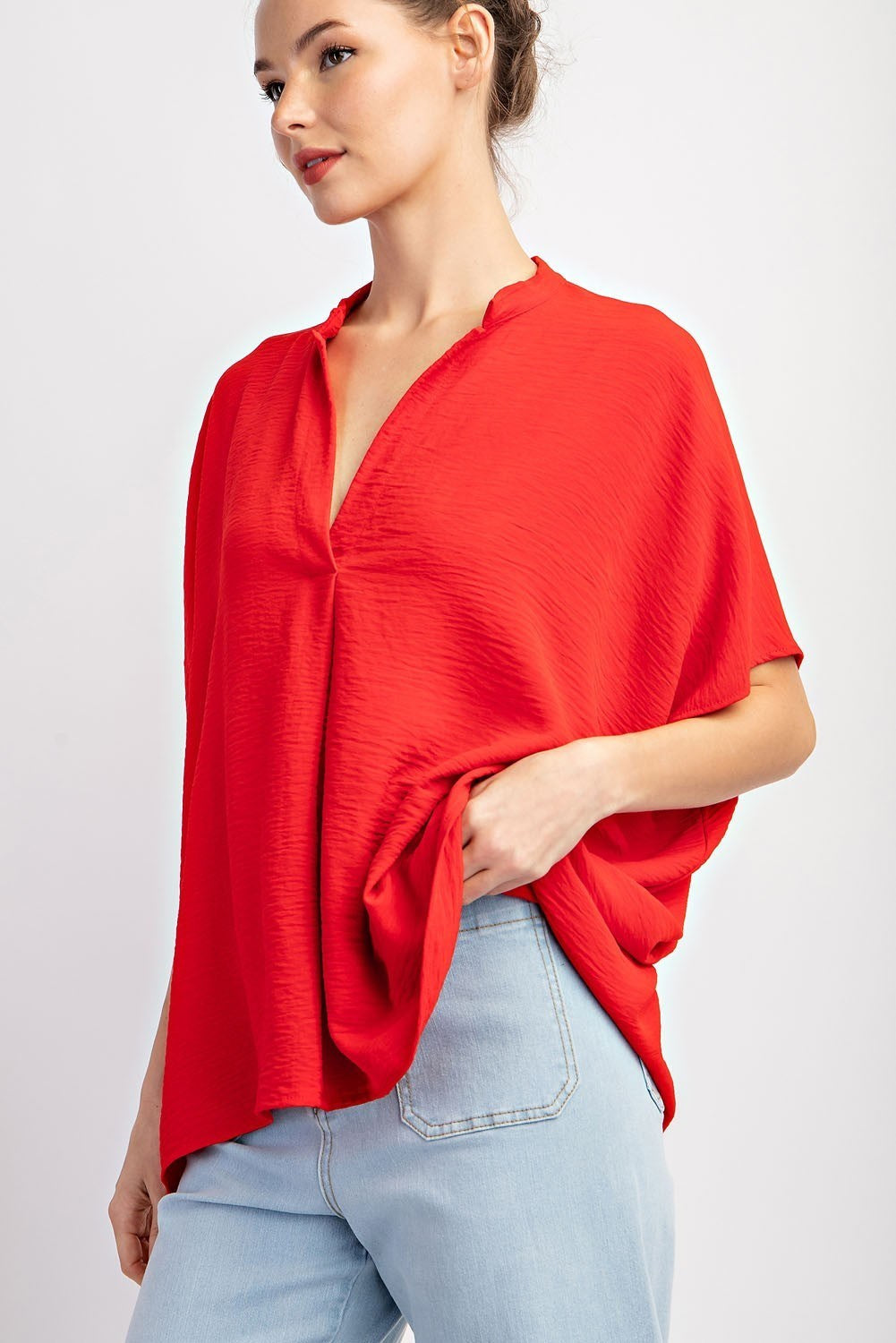 Short Sleeve Collar Detail Blouse in Red