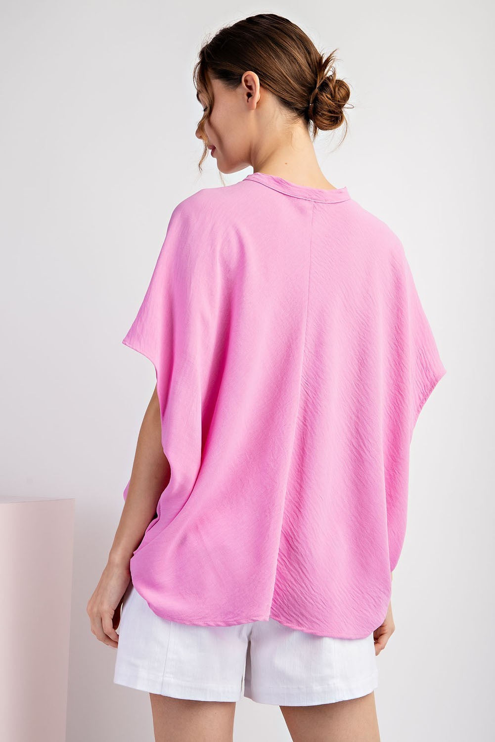 Short Sleeve Collar Detail Blouse in Pink