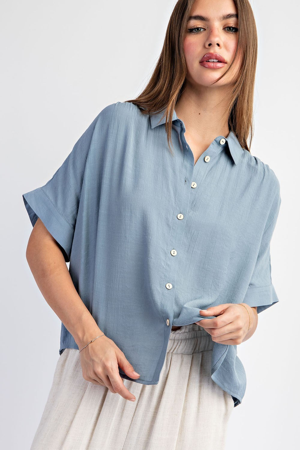 Collared Short Sleeve Button Down in Icy Blue