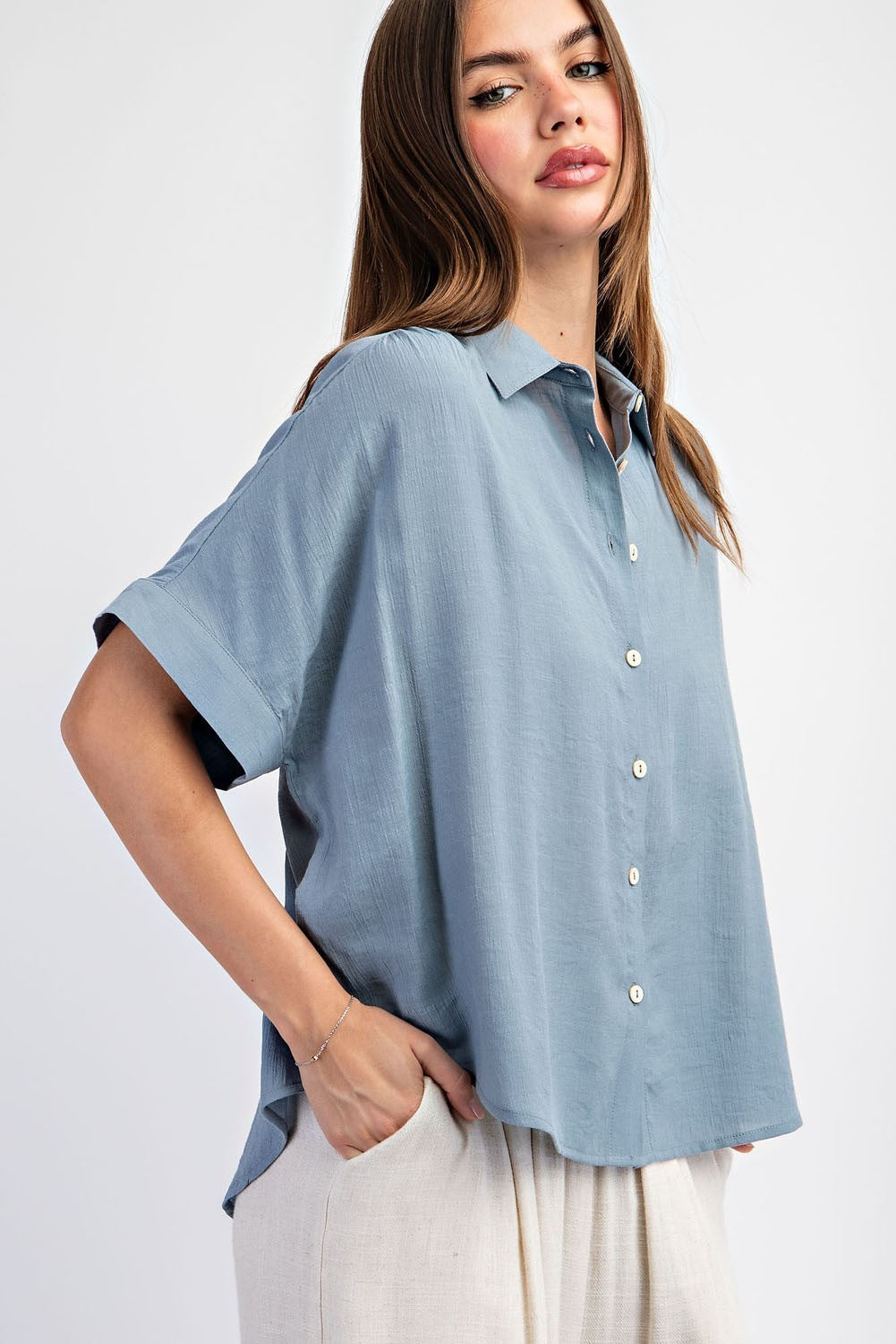 Collared Short Sleeve Button Down in Icy Blue