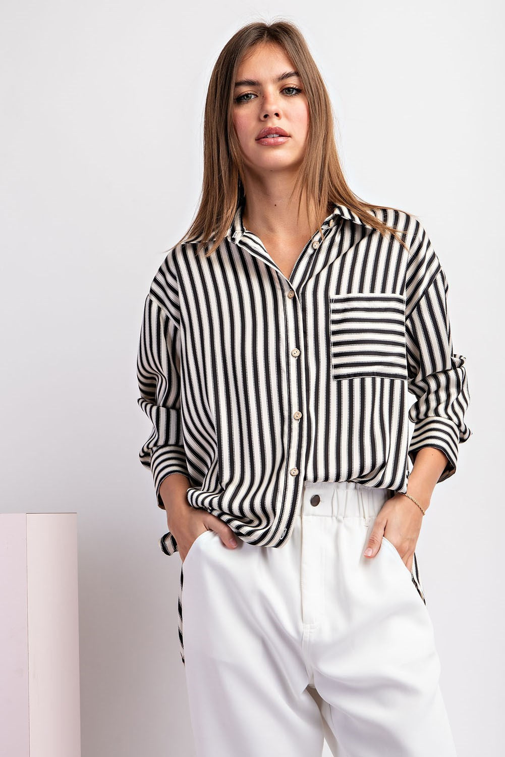 Long Sleeve Satin Striped Button Down