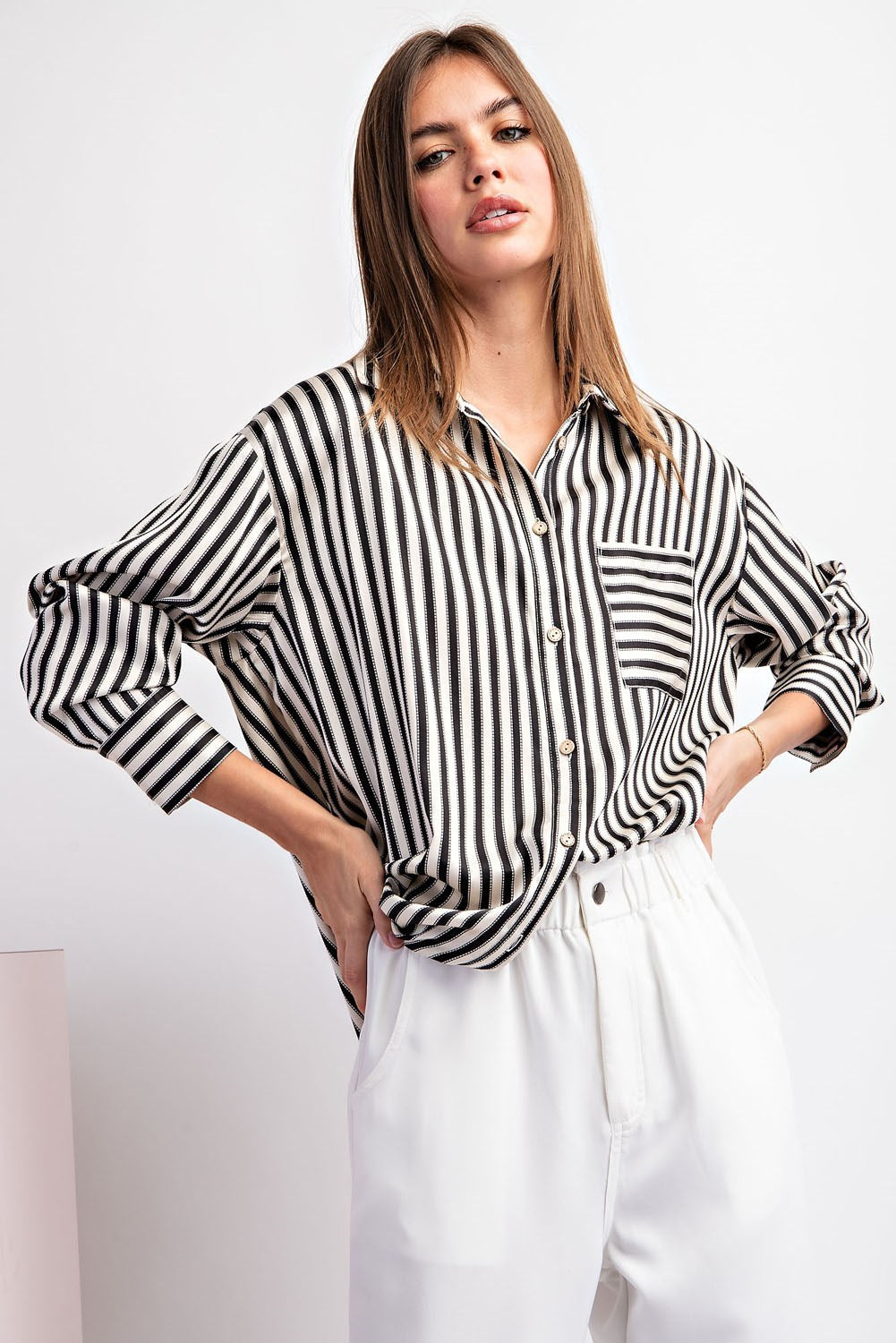 Long Sleeve Satin Striped Button Down