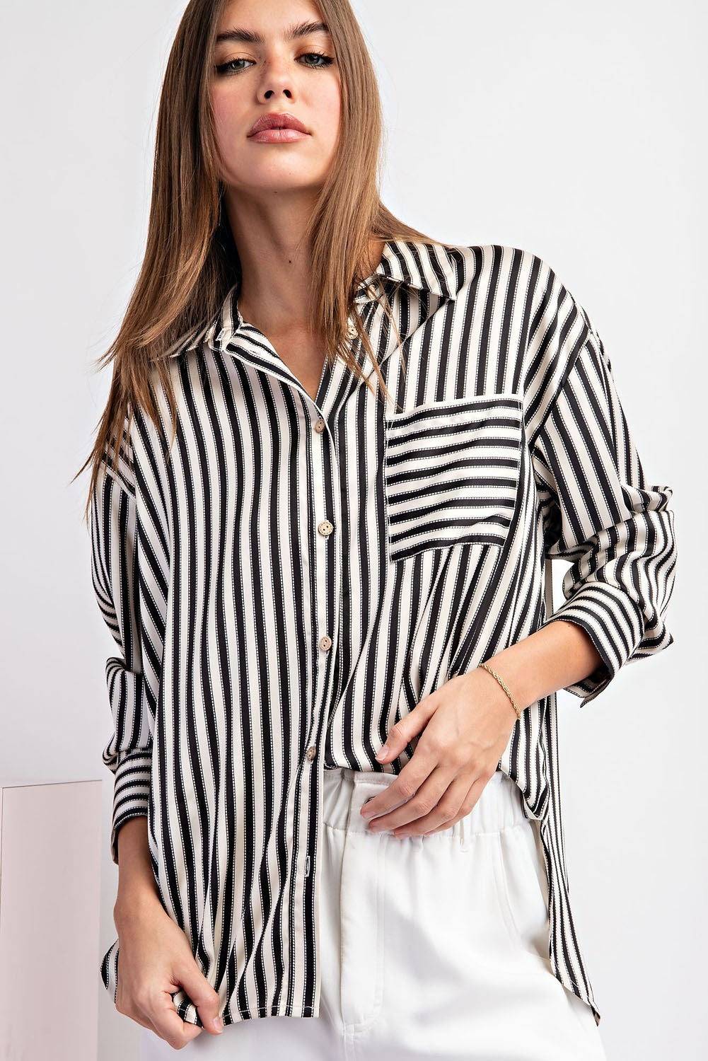 Long Sleeve Satin Striped Button Down