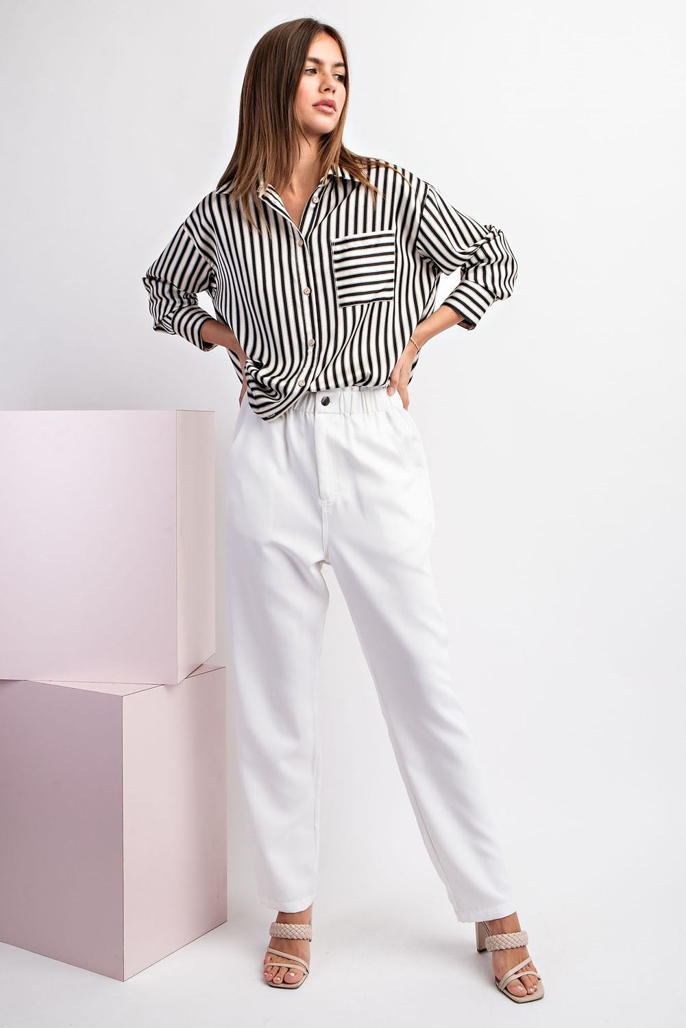 Long Sleeve Satin Striped Button Down