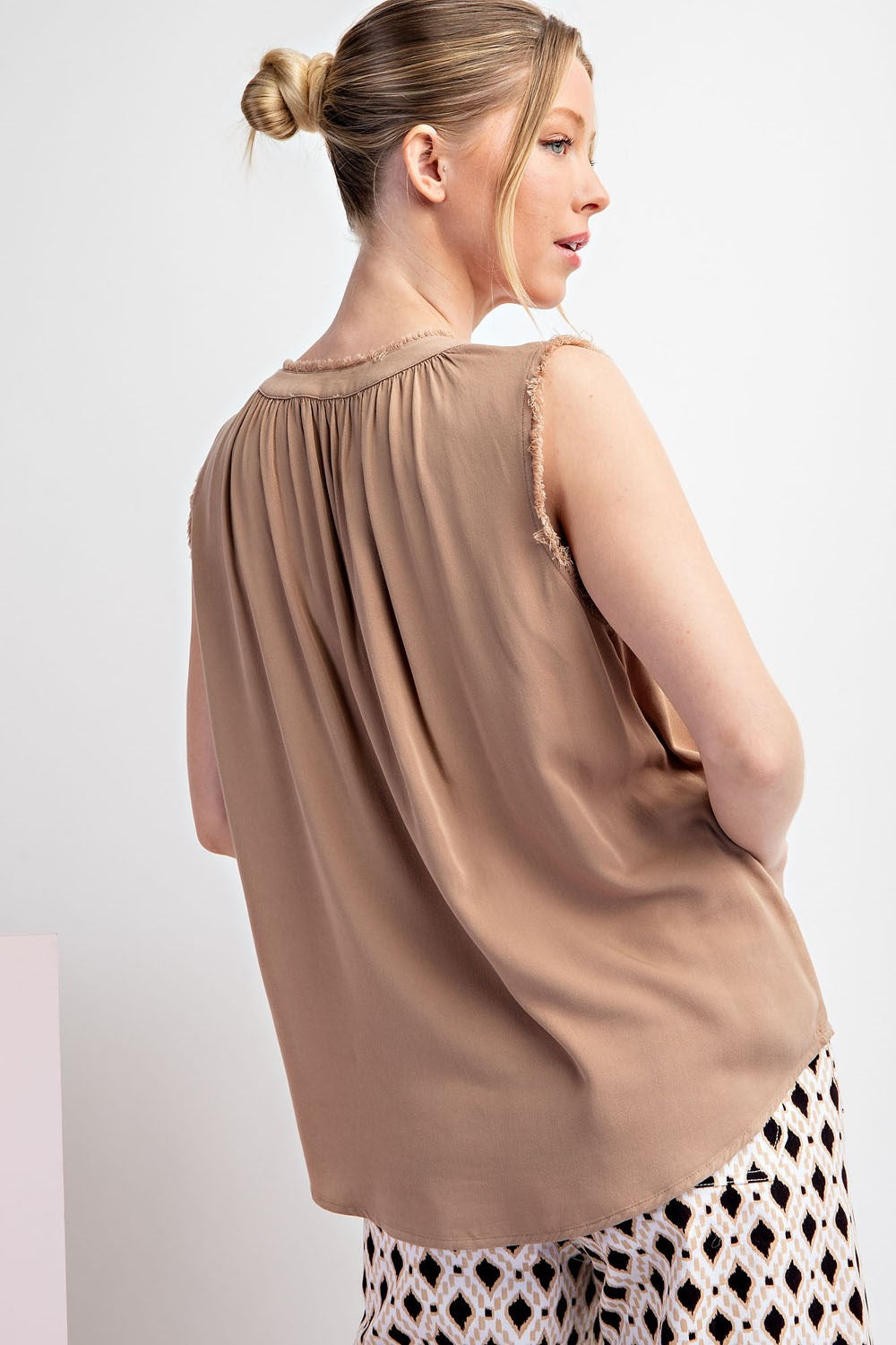 Raw Edge Sleeveless Top in Coco 40%off use code sale40