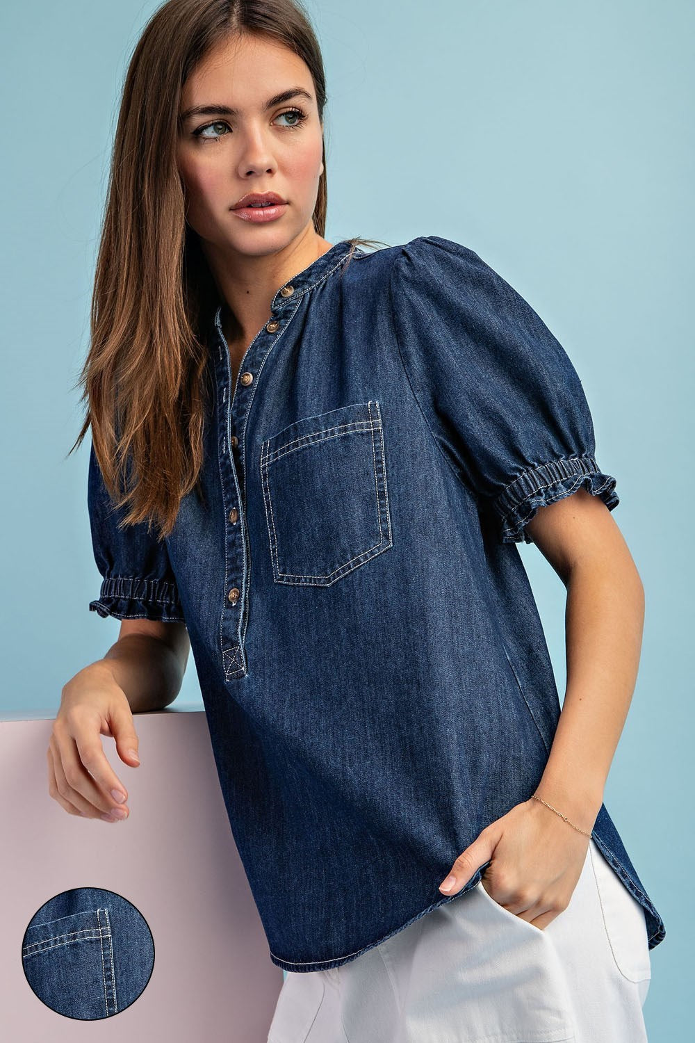 Mineral Washed Short Sleeve Denim top