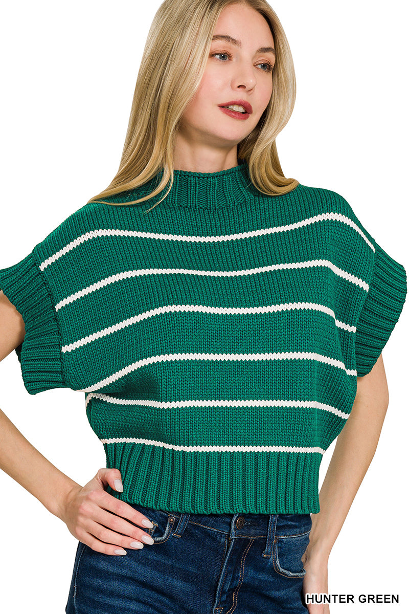 Zenana Split Neck Stripe Sleevless Sweater