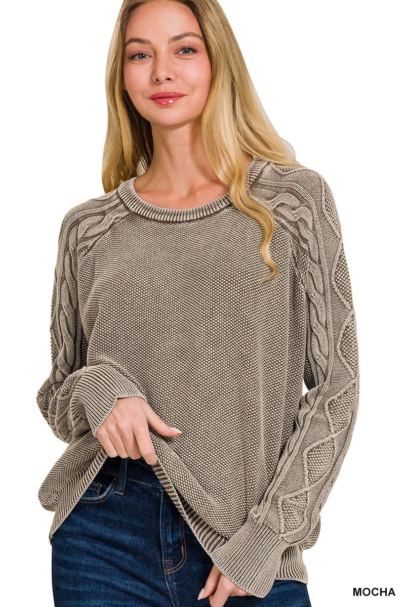 Stone Washed Cable Sleeve Sweater in Mocha
