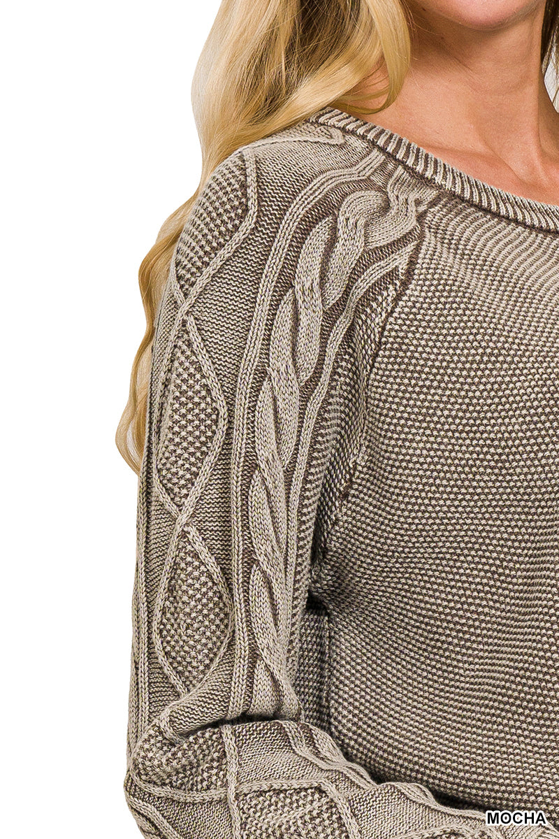 Stone Washed Cable Sleeve Sweater in Mocha