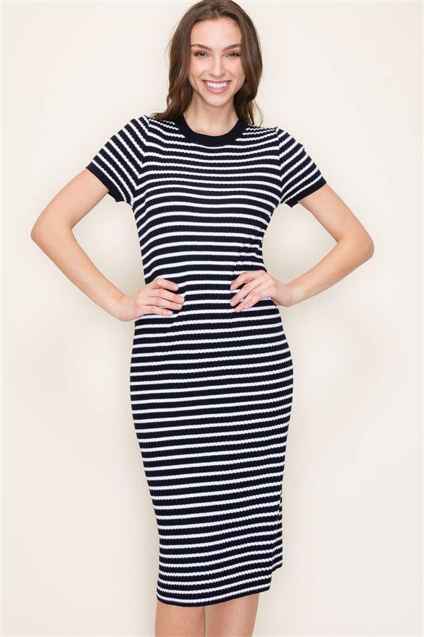 Striped Crew Neck Midi dress in Navy