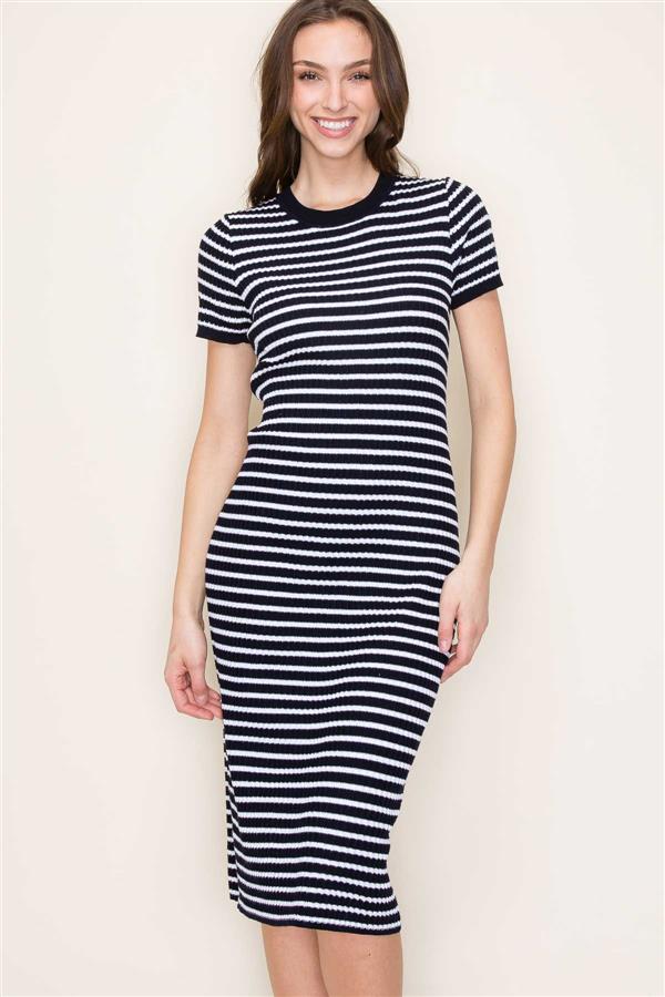 Striped Crew Neck Midi dress in Navy
