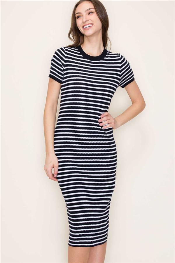 Striped Crew Neck Midi dress in Navy