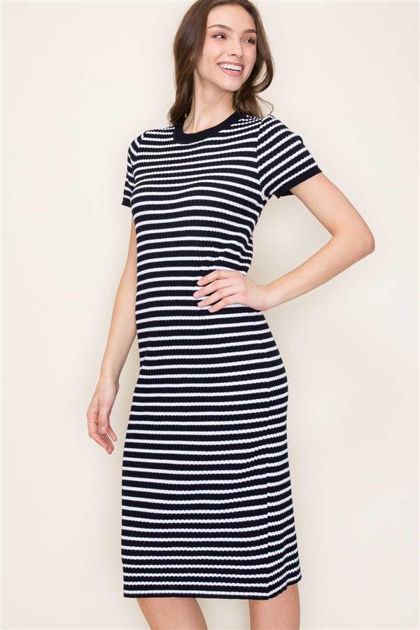 Striped Crew Neck Midi dress in Navy