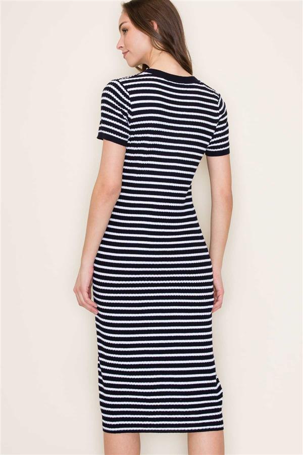 Striped Crew Neck Midi dress in Navy
