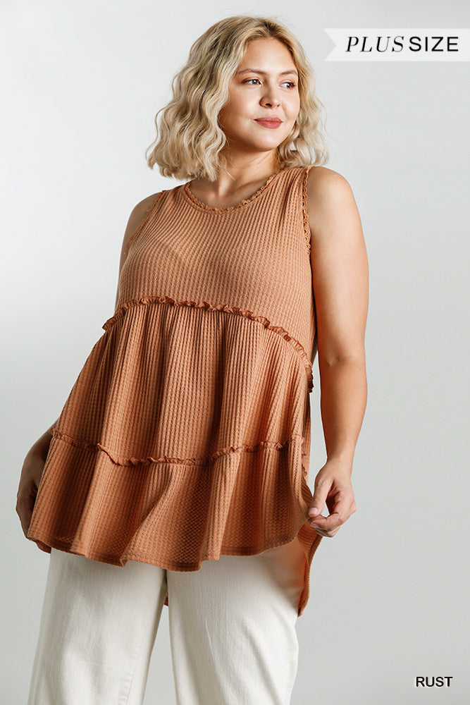 Plus Size Waffle Knit Tiered Tunic in Rust