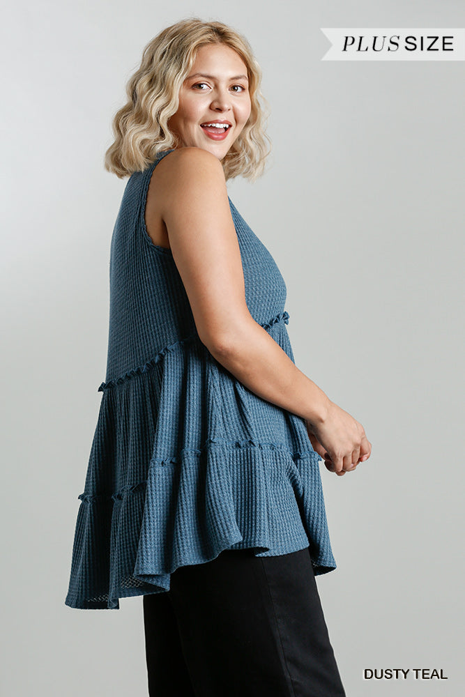 Plus Size Waffle Knit Tiered Tunic in Dusty Teal