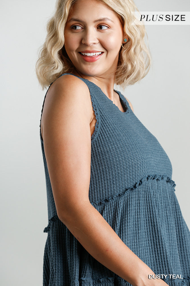 Plus Size Waffle Knit Tiered Tunic in Dusty Teal
