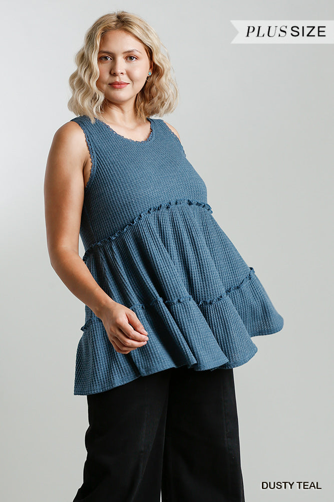 Plus Size Waffle Knit Tiered Tunic in Dusty Teal