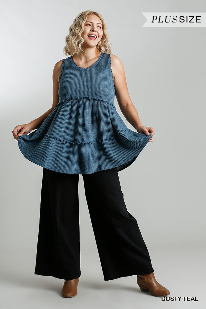 Plus Size Waffle Knit Tiered Tunic in Dusty Teal