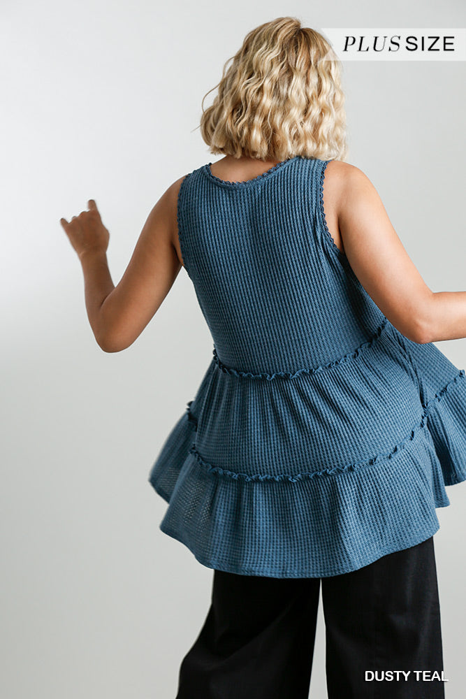 Plus Size Waffle Knit Tiered Tunic in Dusty Teal