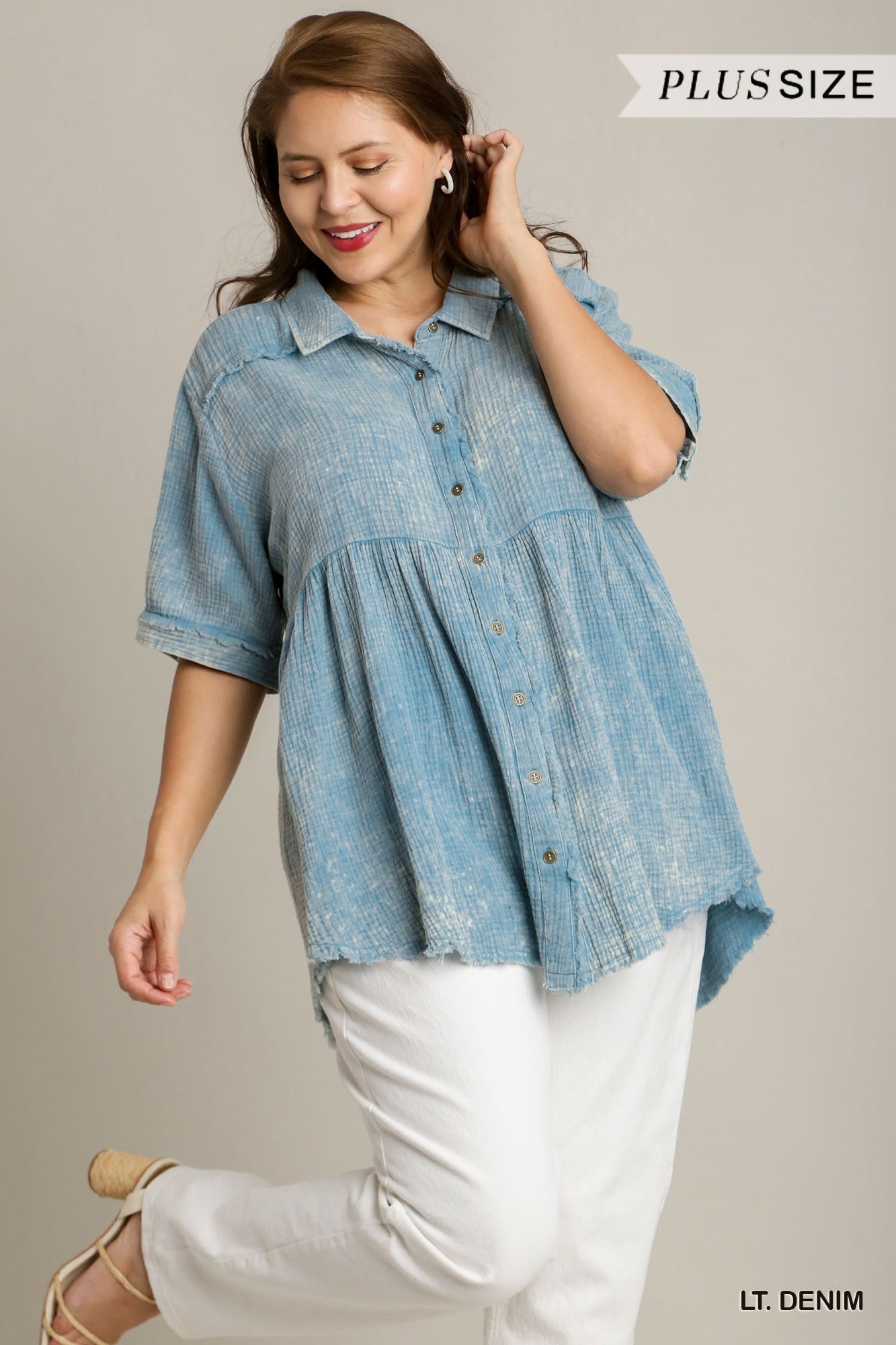 Plus Size Mineral Washed Button-Down Tunic Top in Light Denim