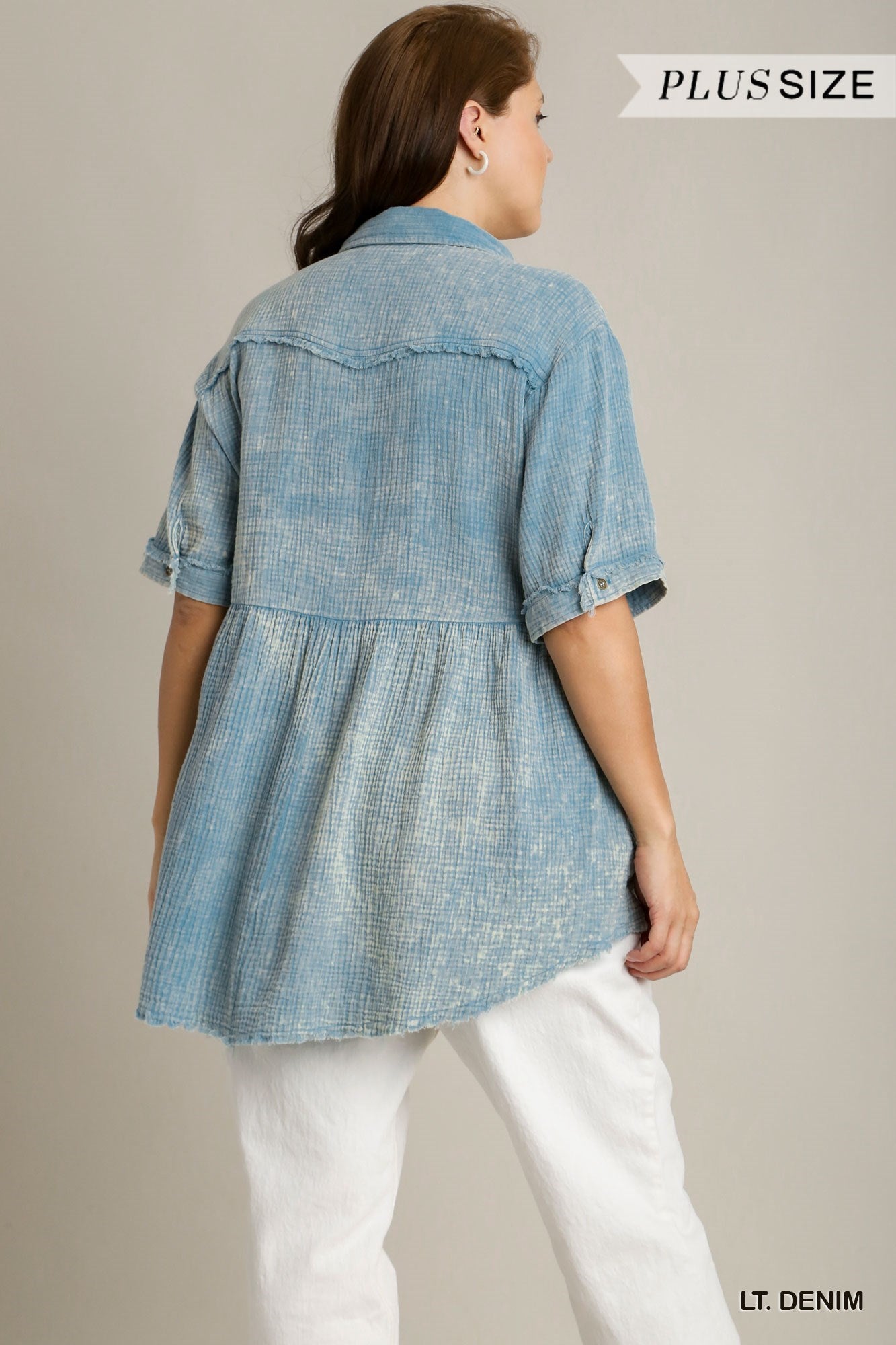 Plus Size Mineral Washed Button-Down Tunic Top in Light Denim
