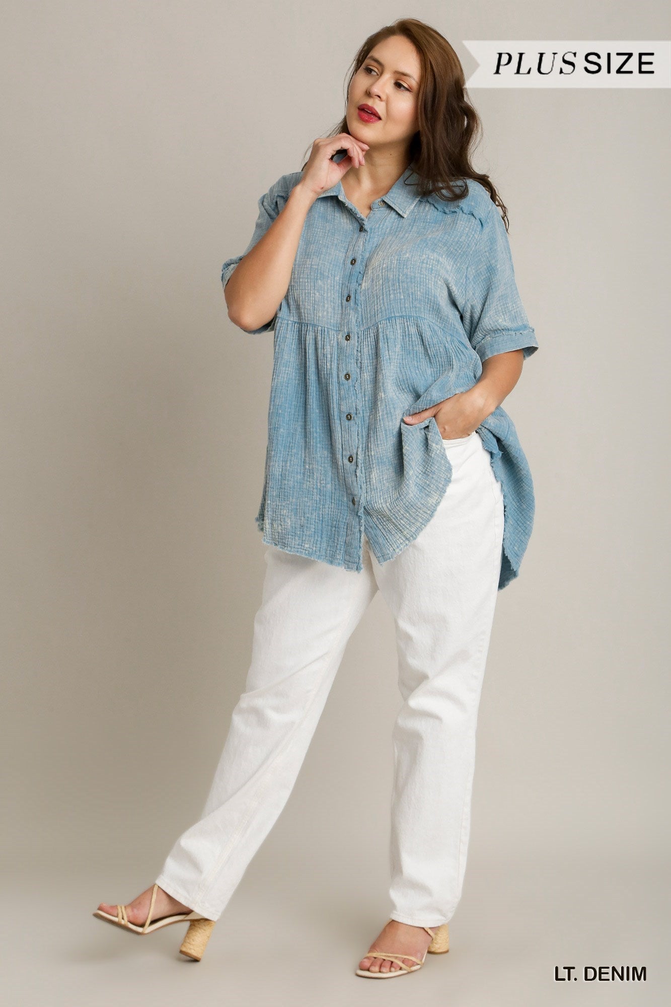 Plus Size Mineral Washed Button-Down Tunic Top in Light Denim