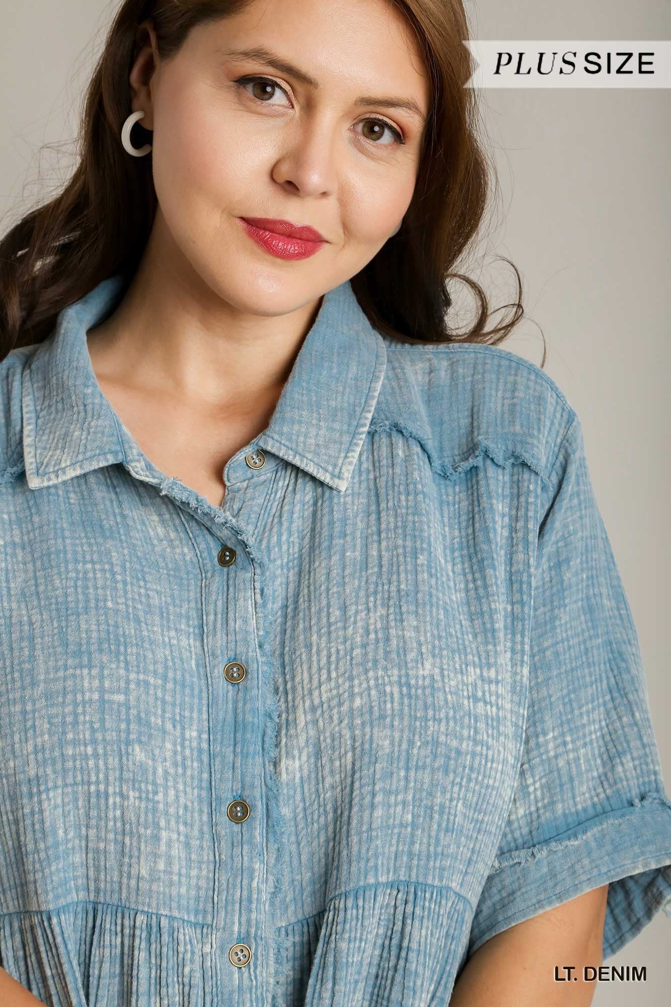 Plus Size Mineral Washed Button-Down Tunic Top in Light Denim