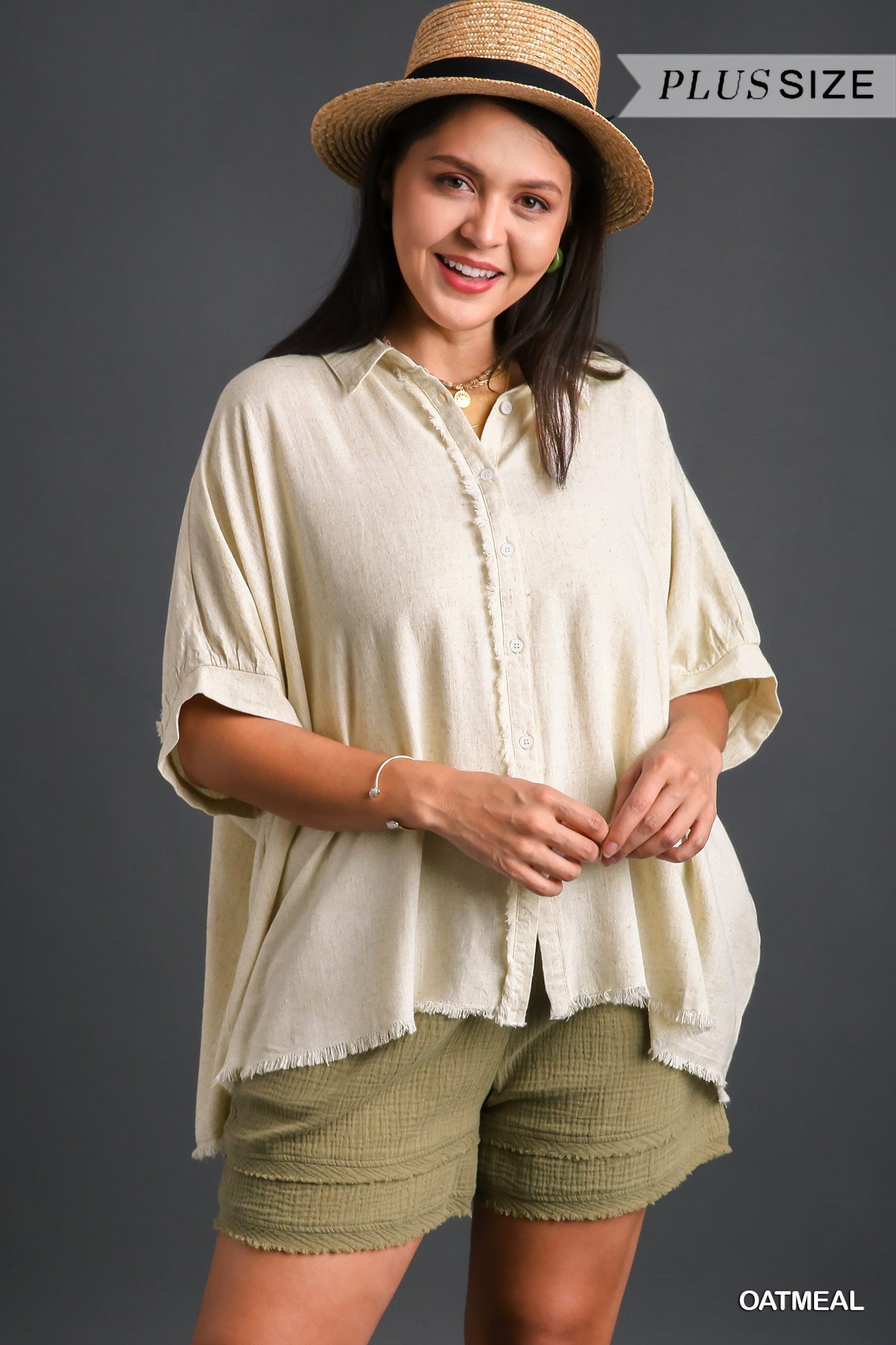 Plus Size Linen Boxy Cut Collared top in Oatmeal