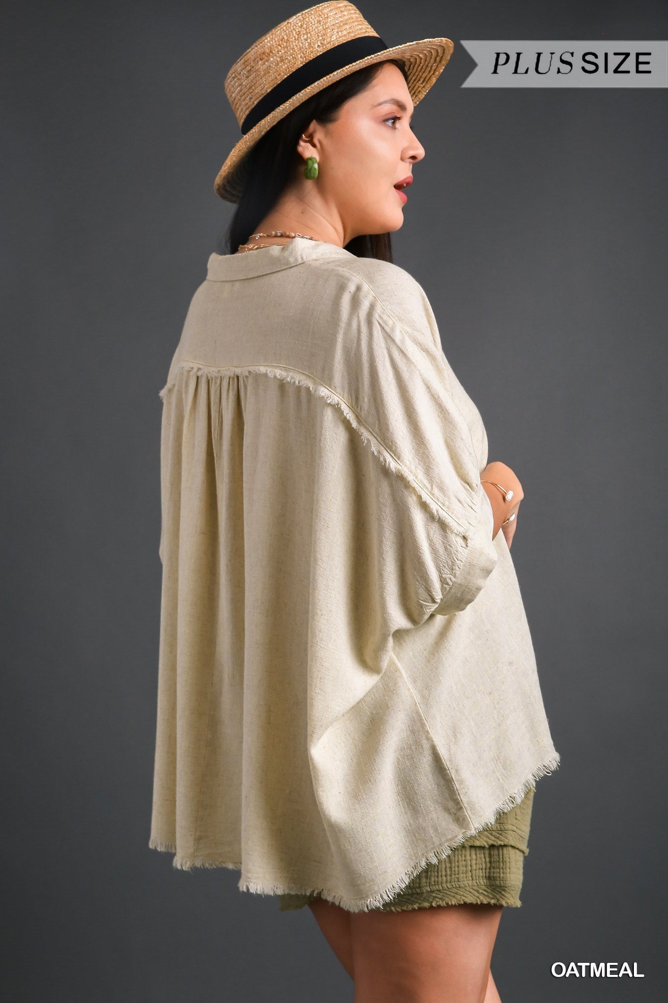 Plus Size Linen Boxy Cut Collared top in Oatmeal