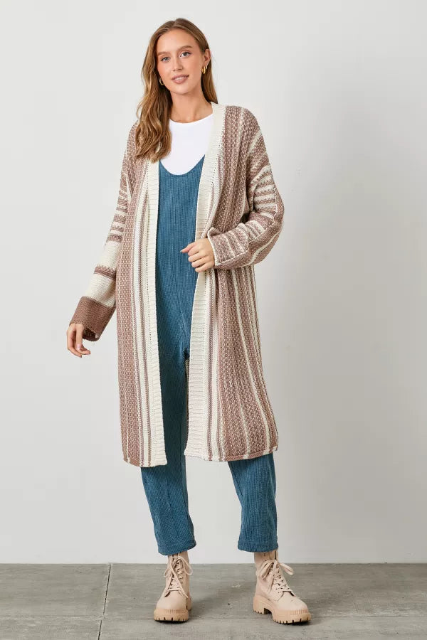 Stripe Long Sweater Cardigan in Cream/Mocha