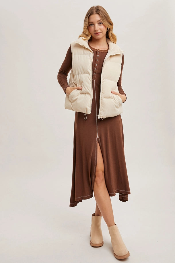Corduroy Quilted Puffer Vest in Ecru