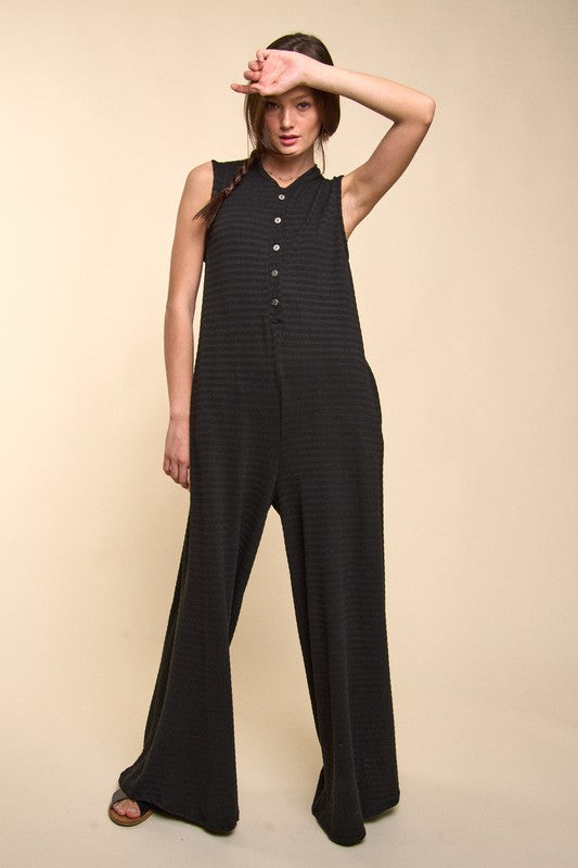 Sleeveless Textured Wide Leg Jumpsuit