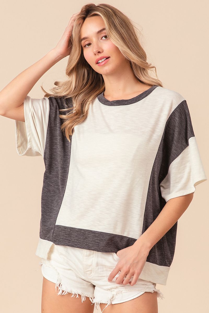 Slub Color Block Loose Fit Top in Charcoal 40%off taken at checkout use code sale40