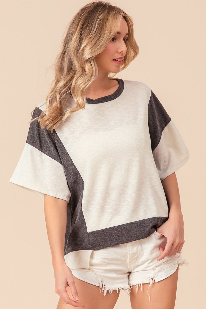 Slub Color Block Loose Fit Top in Charcoal 40%off taken at checkout use code sale40