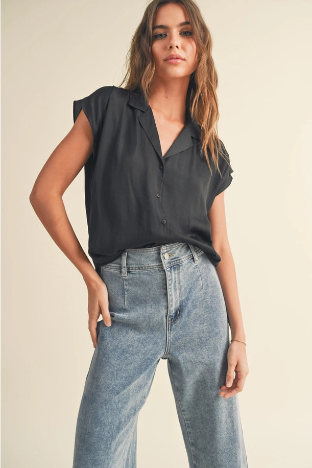 BUTTON DOWN CAP SLEEVE SHIRTS in Black