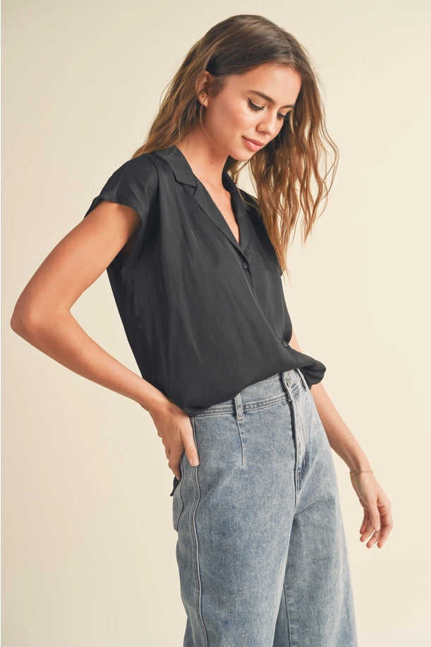 BUTTON DOWN CAP SLEEVE SHIRTS in Black